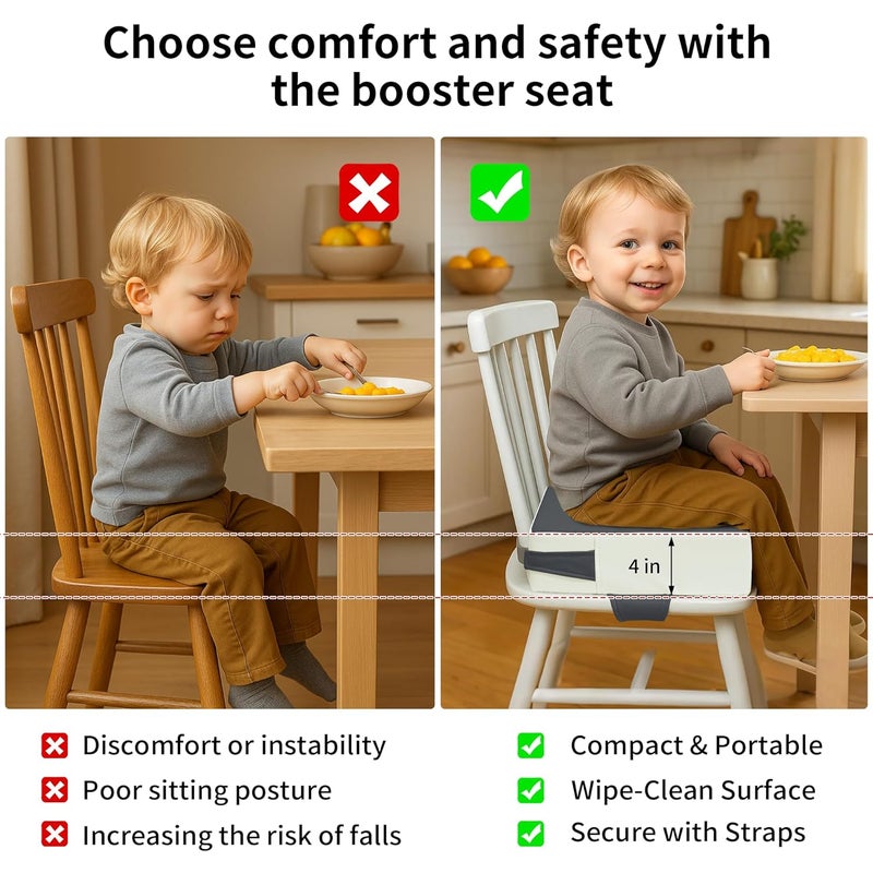 AAAini Toddler Booster Seat for Dining Table – PU Washable Cushion with Double Safe Straps, Non-Slip Bottom, Portable Travel Booster Seat for Toddlers (Dark Grey - Image 4